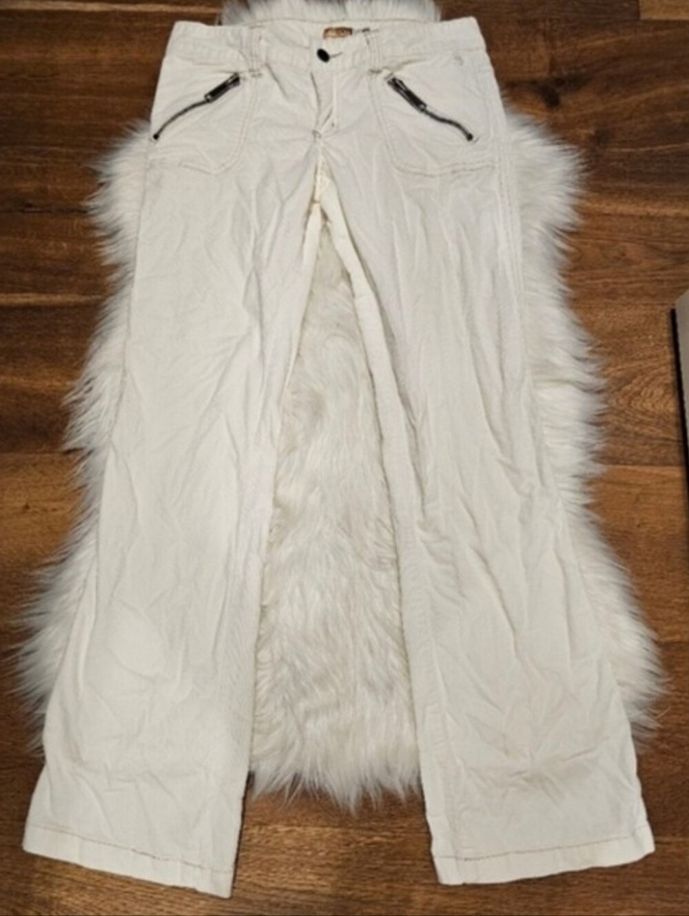 split Vintage Ivory Corduroy Boot Cut Pants with Angled Silver Zip Detail